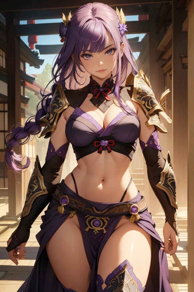 ((1girl, solo)), beautiful body, (perfect anatomy, perfect body, perfect hands, perfect legs), natural proportions, sexy body, large breasts, ((full body, full body front)) BREAK
((extremely detailed face)), (beautiful detailed eyes:1.6), (realistic pupils, realistic iris:1), expressive eyes, looking at viewer, (clear eyes:1.3), (hyperrealistic:1.2), (detailed skin texture:1.2), smooth skin, raiden shogun, (purple hair:1.5), (purple eyes), long hair, very long hair, braid, ((braided ponytail)), bangs, parted bangs, hair ornament, hair tie, ((mature female)), ((little smile)), (detailed lips:1.2), (attractive lips:1.1), (glossy lips:1.1), (parted lips), perfect face, perfect eyes BREAK
(revealing clothes:1.5), (japanese armor:1.5), (samurai armor), (groin:1.5), (((highleg))), bikini armor, pelvic curtain, partially visible vulva BREAK
(masterpiece:1.5), anime-style, top quality, best quality, (beautiful and aesthetic:1.2), (ultra detail:1.5), Ultra-detailed depiction, Ultra-precise depiction, extremely detailed 8k illustration, high resolution, (highly detailed shading:1.2), (realistic lighting:1.4), perfect lighting, vibrant colors, dynamic tones, striking hues, 8k, absurd resolution, perfect shadows, hdr, UHD, ambient lighting, realistic, ultra-realistic, photo realistic, highly detailed, rich detail, luminous colors, fine texture, intricate design, professional illustration, (soft light:1.2), (illustration:0.7)