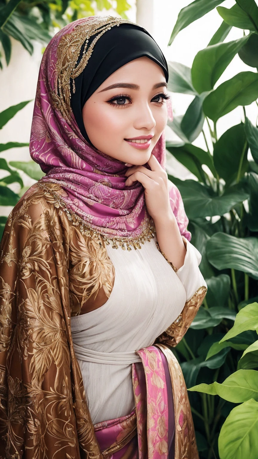 A 30-year-old Malaysian woman stands in a lush, vibrant tropical garden. She has glossy lips, big eyelashes with eyeliner, and double eyelids. Her hijab, adorned with geometric pastel patterns and a stylish brooch, features intricate, flowing layers and delicate embroidery. Dressed in modern chic attire, she smiles softly, looking to the side, with her hands gently touching her hijab. The detailed lighting and textures create a highly realistic and captivating effect, with subtle surreal elements enhancing the scene's charm.