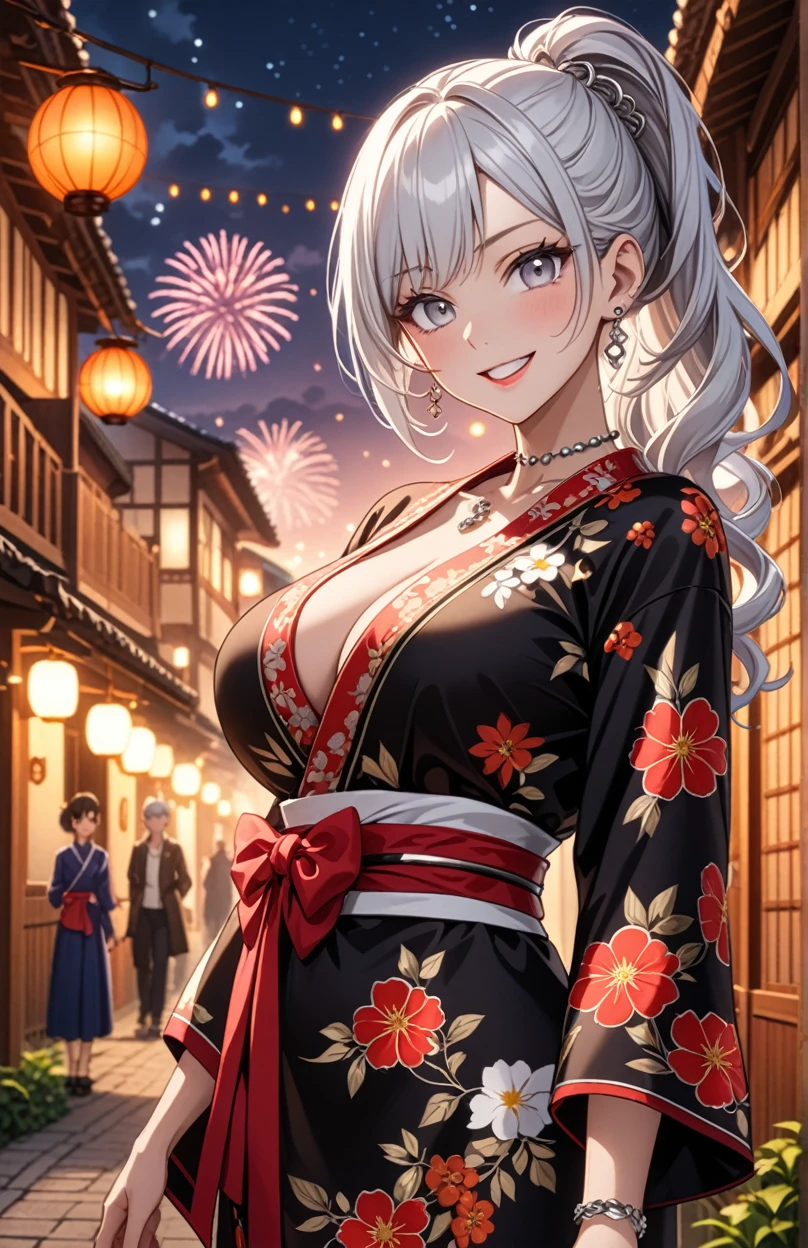 ((One personの女性)), Pretty face, Beautiful Face, (Laughing embarrassedly), (smirk:1.4), ((Wink:1.3)), (head tilt:1.3), Laugh with your mouth wide open, upper teeth, looking at viewer, ((full-face brash:1.5)), Glossy Red Lips, ((Big Breasts:1.4)), night,Rural landscape, firework, Glossy Red Lips, (Shining Face), ((Anime style background)),masterpiece, Highest quality, so beautiful,up to date, Complex details, (Pink long nails), (nail art), (ring),(bracelet),(Floral choker), (helix piercing:1.7), AI-generated, Complex,High resolution, Highest quality, super high quality,3D Images、3D Images,One person,Long white hair,High Ponytail, Anime woman posing for a photo, ((silver eyes:1.5)), ((Fine grain、Silver Eyes、Shining Eyes:1.3)), (Squint your eyes:1.1),a hyperRealistic , hyperRealistic , Realistic,Anime woman with long white hair, Smooth anime CG art, (A woman in a colorful kimono with gold embroidery), ((Black long sleeve kimono:1.3)), Red floral pattern,(Long flower hair ornament),Floral Earrings,Mature Body,Abdominal muscles,Tight waist, ((Zoom in on face:1.6)), (front view:1.3),