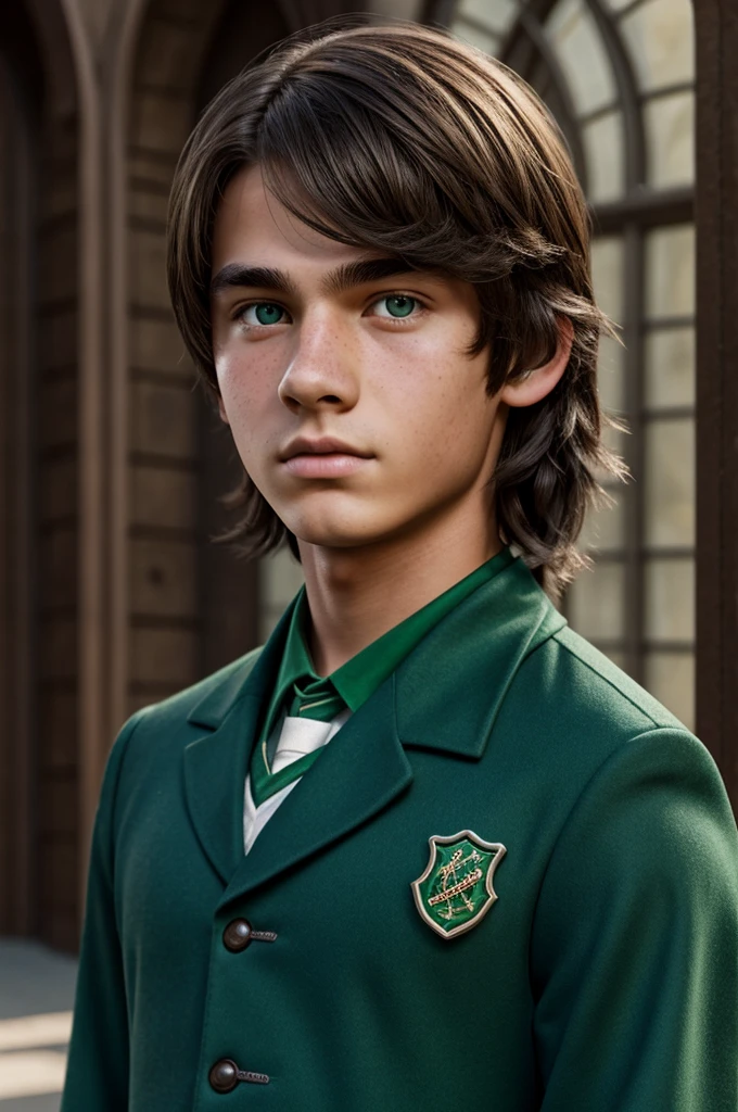 Young ager realistic style with hogwarts slytherin uniform, tanned skin with freckles on his cheeks and nose, blue and slanted eyes, profiled nose, dark brown hair slightly long and tousled