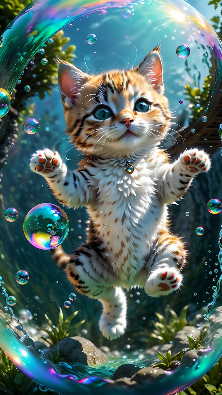 Cute kitten floating in bubbles, Perfect body,High detail, Realistic, Light effects, Hyper Detail, Volumetric lighting, Cinematic, big, Depth of written boundary, Blurry, Surreal Landscape, The imagination swirls, Dream world, Octane Rendering, Great composition, dynamic dramatic Cinematic, art:mooncryptowow, Splashes of color and creative chaos,