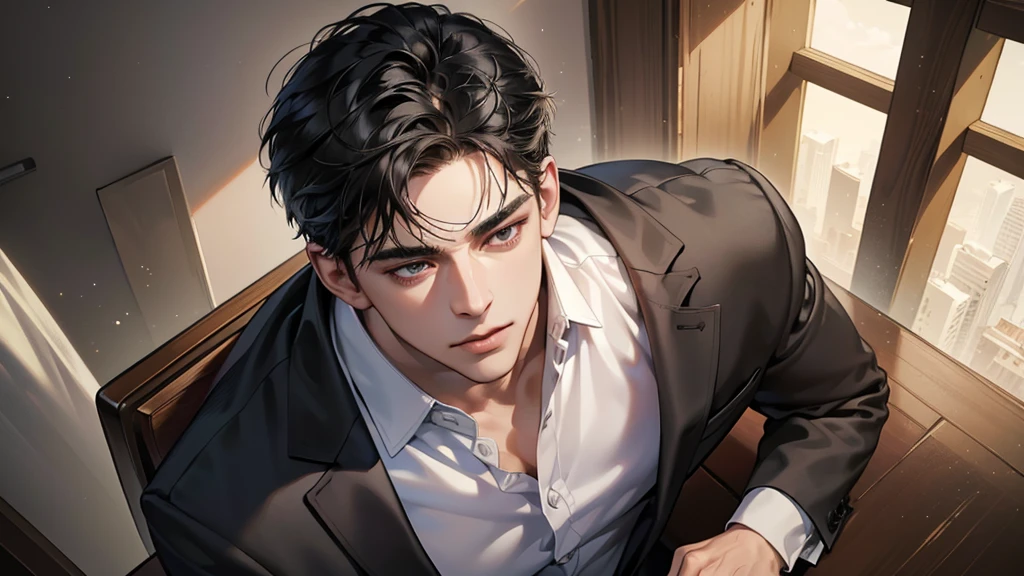 (best quality, masterpiece, 8K, photorealistic, cinematic lighting, 1:4 hdr image, top view, ultra detailed, beautiful image), a mature man, very handsome, short black hair, black eyes, perfect face without errors , (CEO)