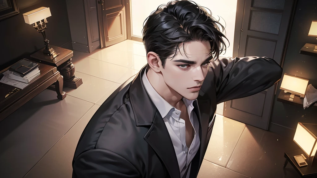 (best quality, masterpiece, 8K, photorealistic, cinematic lighting, 1:4 hdr image, top view, ultra detailed, beautiful image), a mature man, very handsome, short black hair, black eyes, perfect face without errors , (CEO)