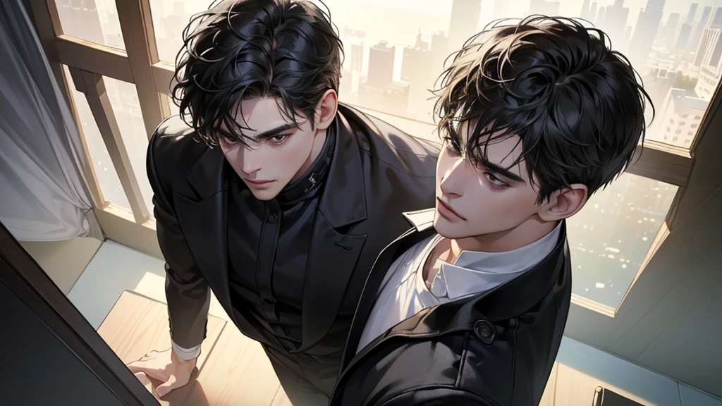 (best quality, masterpiece, 8K, photorealistic, cinematic lighting, 1:4 hdr image, top view, ultra detailed, beautiful image), a mature man, very handsome, short black hair, black eyes, perfect face without errors , (CEO)