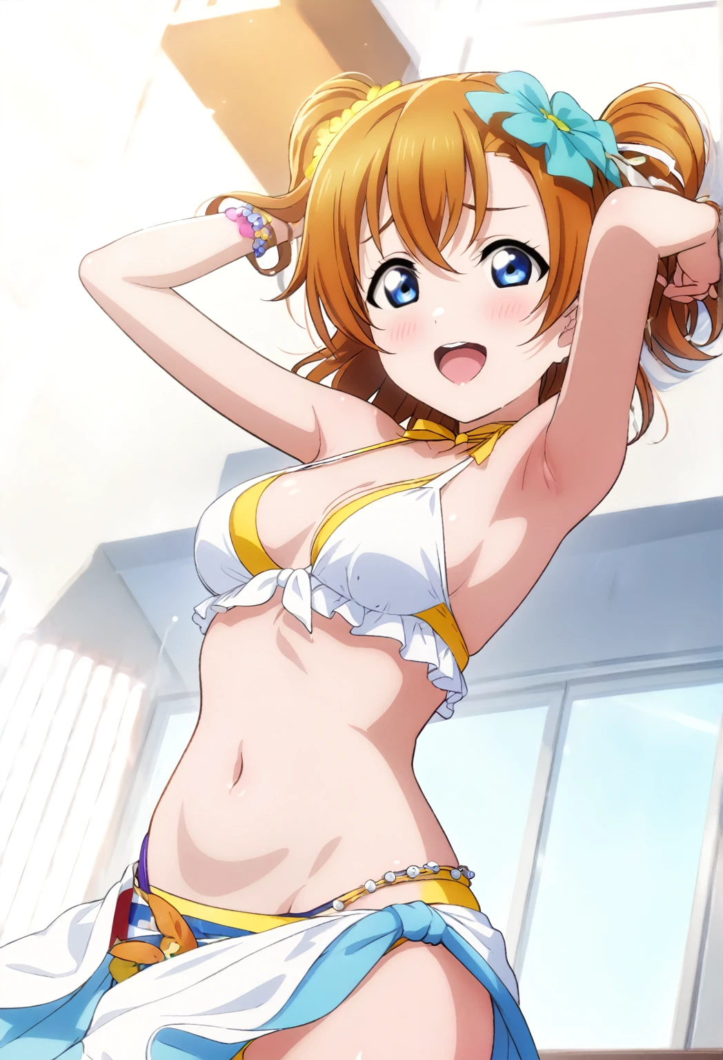 (masterpiece), (best quality), 1girl, medium breasts,id_honoka_kosaka, bikini, swimsuit, hands up, armpits