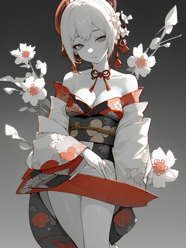 {{{{masterpiece}}}}, {{{hyper detailed}}}, {{{highres}}}, {{good anatomy}}, (((best quality))), ((an extremely delicate and beautiful)), {{an extremely detailed and delicate}}, {8k cg wallpaper}, {{illustration}}, (greyscale with colored background:1.1), (white and black background:1.1), midjourney, (flowers:1.2), (chromatic aberration:1.2), mature female, (1girl:1), 独奏, oiran, (off-shoulder japanese clothes:1.2), (pale face:1.2),  medium breasts, (cleavage:1.2), whole body、Character portrait