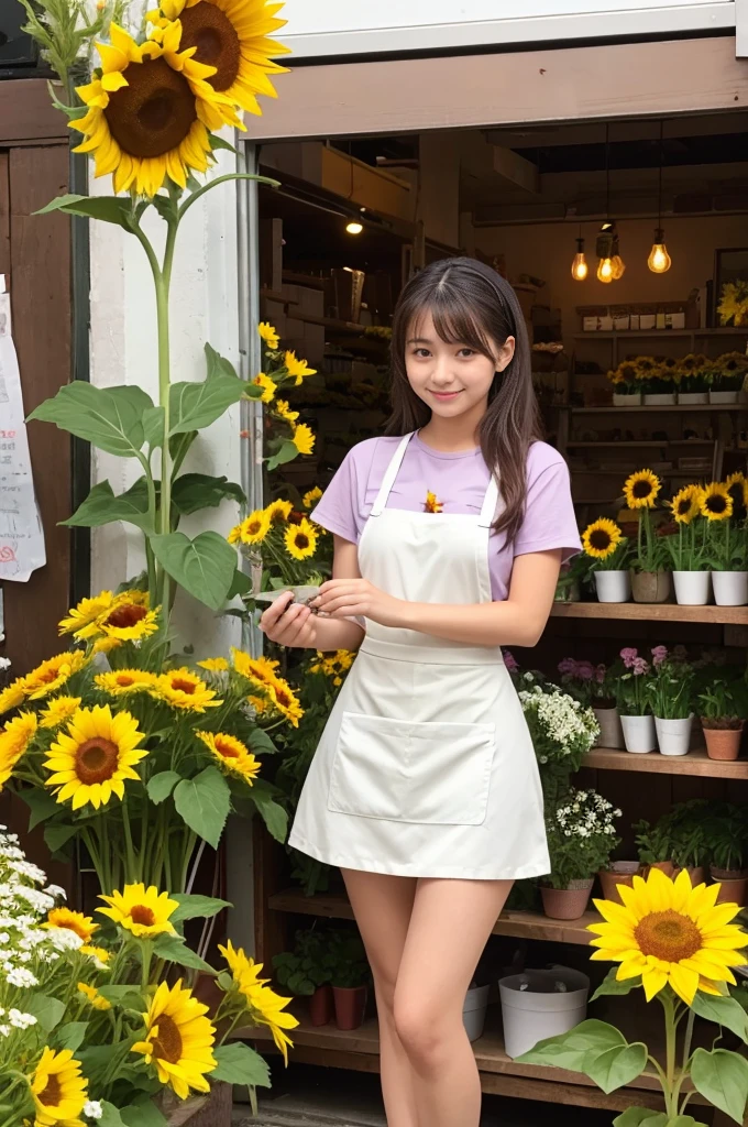 A 20-year-old girl working at a flower shop（Wearing a miniskirt and apron）have a sunflower