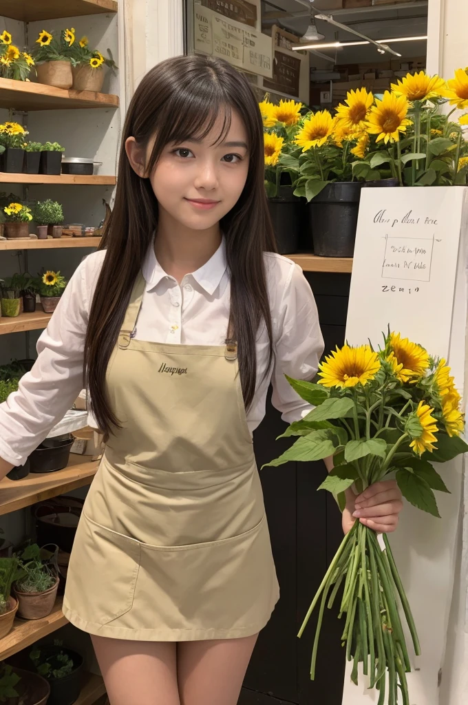 A 20-year-old girl working at a flower shop(Wearing a miniskirt and apron)have a sunflower