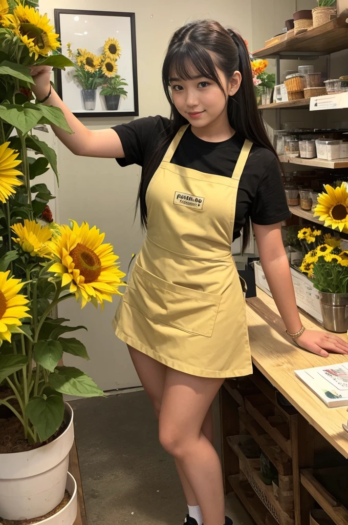 A 20-year-old girl working at a flower shop(Wearing a miniskirt and apron)have a sunflower