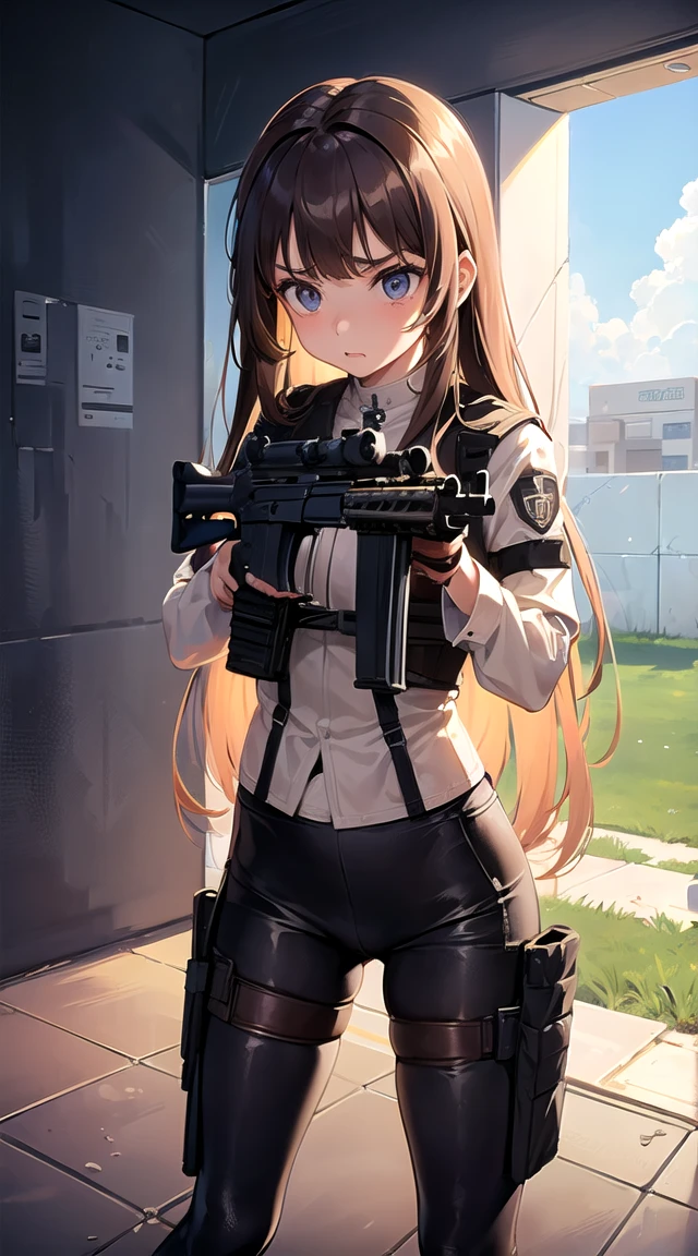 Masterpiece,a girl,(((((holding a semi-auto rifle))))),bulletproof vest,tactical,brown leggings,long straight hair,(scared:1.4),(huddle:1.5),(flushing:1.2),(peeing:1.3),holding