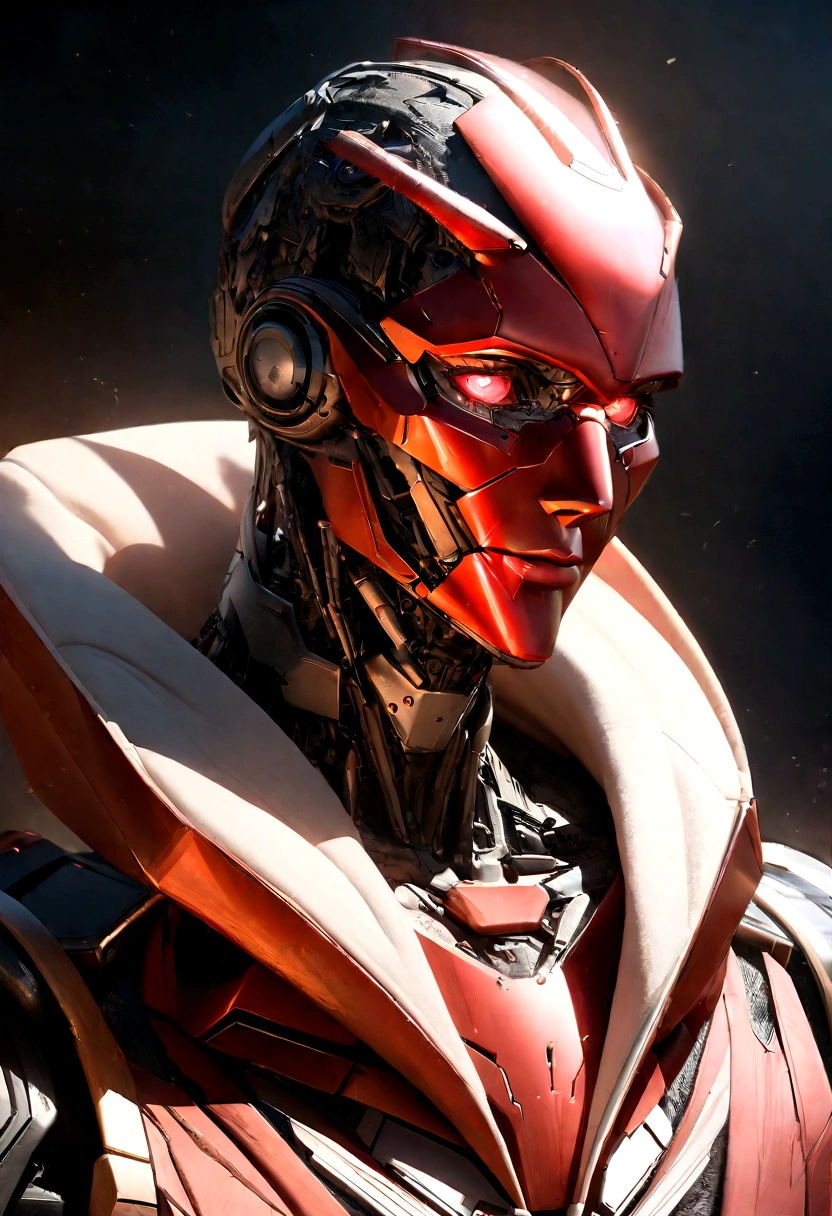 Sharpened man in black and red metallic armor with hood, detailed portrait of a cyborg, close-up portrait of cyborg, portrait of a futuristic robot, male cyborg military commander, attractive science fiction face, masculine appearance, portrait of cyborg, portrait of a cyborg, cyborg portrait, portrait of a cyborg cyberpunk, male cyborg, in metallic red futuristic armor, olpntng style, Portrait of the gynoid robot Samus in Wasteland, perfect composition, beautiful detailed intricate insanely detailed octane render Tendências no ArtStation, 8k art photography, photorrealistic concept art, soft natural volumetric cinematic perfect light, Bright dark, rewarded photography, work of art, oil on canvas, perfect composition, beautiful detailed intricate insanely detailed octane render Tendências no ArtStation, 8k art photography, photorrealistic concept art, soft natural volumetric cinematic perfect light, darkness background