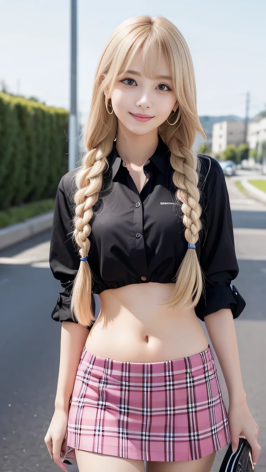 Sexy big ,のbeautiful女の子はセクシーでかわいい & かわいいbeautifulセクシーな顔, A strong wind blows my hair in front of my face,beautiful super long metallic blonde French braids and、beautiful, Cute and sexy eyes hidden behind long bangs、Belly button shirt、Very short pink and black checkered miniskirt、Turn around and look at me with a smile、