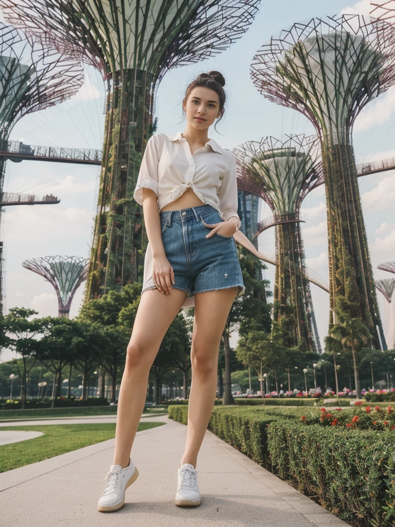 her name is Amelie, high quality, 1girl, ((20-year-old fit Caucasian woman)), ((20 years old)), ((fit)), ((Half-Up Bun dark hair)), pose: standing, wearing stylish Generation-Z modern wear light colored, BACKGROUND:"At Gardens by the Bay, with its towering Supertree Grove and the impressive Marina Bay Sands Hotel."