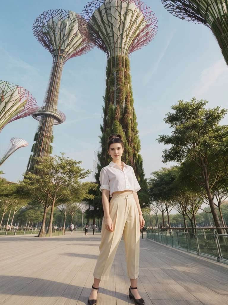 her name is Amelie, high quality, 1girl, ((20-year-old fit Caucasian woman)), ((20 years old)), ((fit)), ((Half-Up Bun dark hair)), pose: standing, wearing stylish Generation-Z modern wear light colored, BACKGROUND:"At Gardens by the Bay, with its towering Supertree Grove and the impressive Marina Bay Sands Hotel."