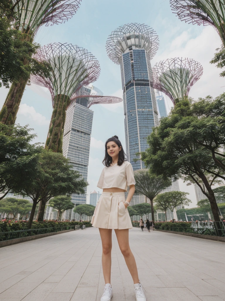 her name is Amelie, high quality, 1girl, ((20-year-old fit Caucasian woman)), ((20 years old)), ((fit)), ((Half-Up Bun dark hair)), pose: standing, wearing stylish Generation-Z modern wear light colored, BACKGROUND:"At Gardens by the Bay, with its towering Supertree Grove and the impressive Marina Bay Sands Hotel."