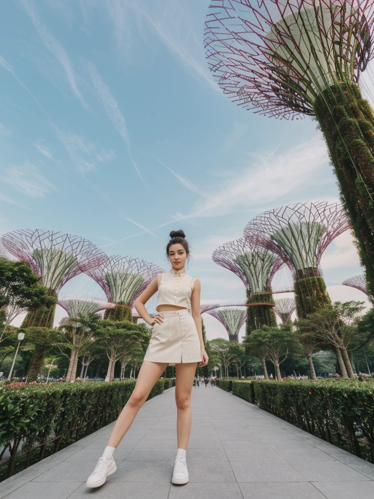 her name is Amelie, high quality, 1girl, ((20-year-old fit Caucasian woman)), ((20 years old)), ((fit)), ((Half-Up Bun dark hair)), pose: standing, wearing stylish Generation-Z modern wear light colored, BACKGROUND:"At Gardens by the Bay, with its towering Supertree Grove and the impressive Marina Bay Sands Hotel."