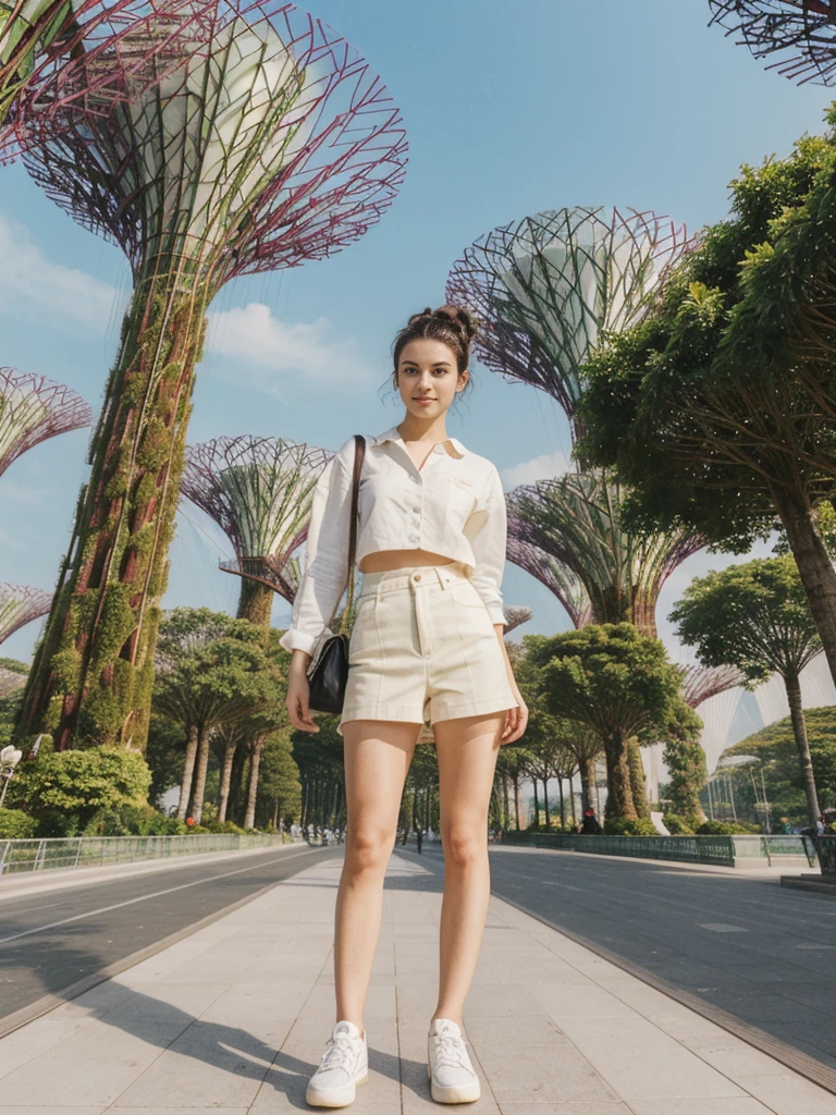 her name is Amelie, high quality, 1girl, ((20-year-old fit Caucasian woman)), ((20 years old)), ((fit)), ((Half-Up Bun dark hair)), pose: standing, wearing stylish Generation-Z modern wear light colored, BACKGROUND:"At Gardens by the Bay, with its towering Supertree Grove and the impressive Marina Bay Sands Hotel."