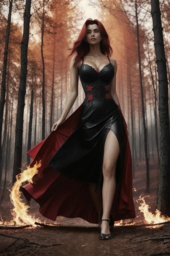 (Extremely detailed 8k wallpaper), a mid shot photo of a powerful sorceress in dark red dress walking in a burning forest at night, complex fire, highly detailed fire, dramatic scene, 25 years old girl, fit girl, cinematic lighting, fireflies, bokeh, smoke, large breasts, burning grounds, dark red and black leather sorceress dress, long red and black leather dress:1.2, dark night:1.2, fire in dark, in dark, forest at night, trees in flames, burning trees:1.2, forest in fire:1.2, forest fire:1.2, fire tornado, powerful sorceress:1.2, female mage:1.2, long skirt:1.2
