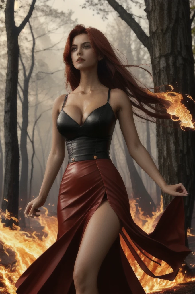 (Extremely detailed 8k wallpaper), a mid shot photo of a powerful sorceress in dark red dress walking in a burning forest at night, complex fire, highly detailed fire, dramatic scene, 25 years old girl, fit girl, cinematic lighting, fireflies, bokeh, smoke, large breasts, burning grounds, dark red and black leather sorceress dress, long red and black leather dress:1.2, dark night:1.2, fire in dark, in dark, forest at night, trees in flames, burning trees:1.2, forest in fire:1.2, forest fire:1.2, fire tornado, powerful sorceress:1.2, female mage:1.2, long skirt:1.2