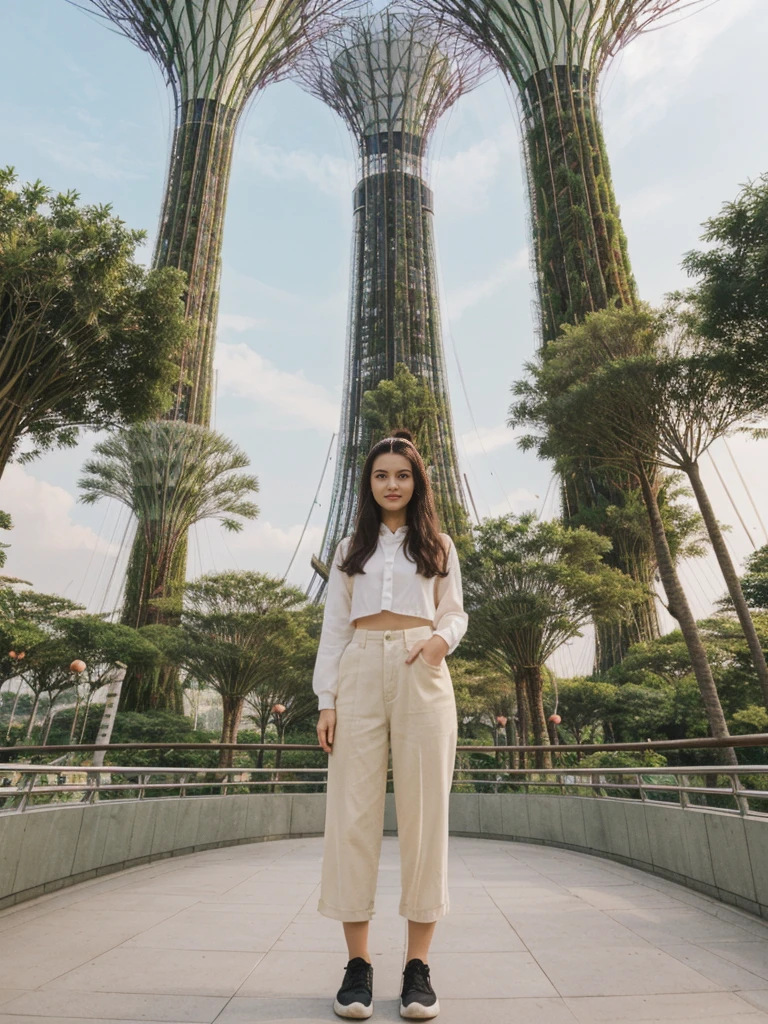 her name is Amelie, high quality, 1girl, ((20-year-old fit Caucasian woman)), ((20 years old)), ((fit)), ((Half-Up Bun dark hair)), pose: standing, wearing stylish Generation-Z modern wear light colored, BACKGROUND:"At Gardens by the Bay, with its towering Supertree Grove and the impressive Marina Bay Sands Hotel."