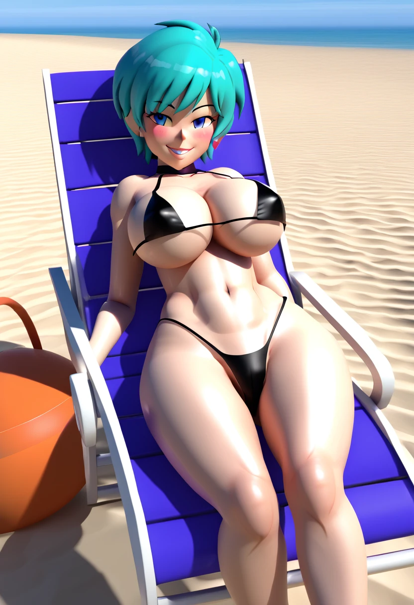 (best quality, masterpiece1.2), 3d,render,3d render,1girl,smile,((())), blush, woman, , detailed, extreme detail, perfect lighting, 4k,lying on beach chair,beach chair,chair, beach, black , wide ,  BREAK anime style, source anime,1girl, long hair,(((quadruple amputee:1.5))),(((((legsless, armsless:1.6)))),(high angle),parasol,biting lip,pussy,dark skin,short hair,bulma,green hair,blue eyes