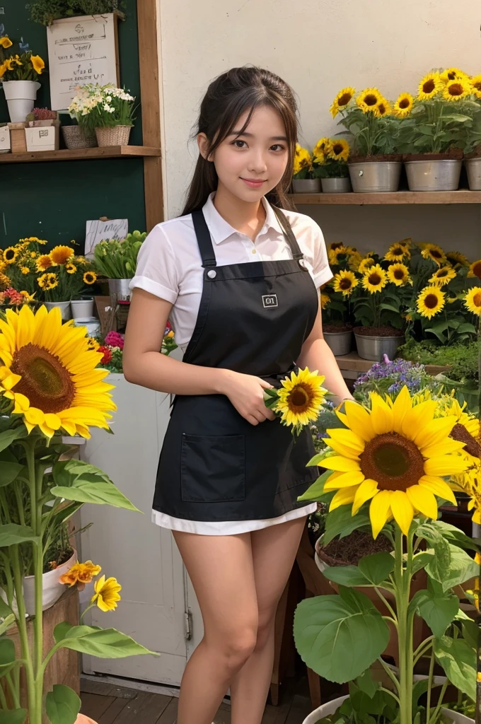 A 20-year-old girl working at a flower shop(Wearing a miniskirt and apron)have a sunflower