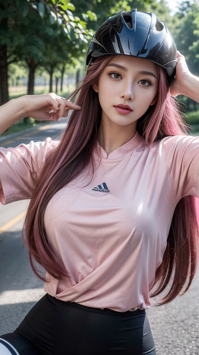 masterpiece, best quality, (((masterpiece))), (((Highest level))), ((super等)), (illustration), ((Extremely refined)), Dynamic Angle, (Beautiful and delicate eyes), (Detail Light), (1 girl), (:1.2), (Long hair),( Black Hair), Dark brown shiny eyes, Very large ,nature, super, A faint smile, Complete anatomy, Highly detailed beautiful face,(Wear cycling clothes:1.2),,(Charming pose:1.2),(On a country road,helmet, Very huge ,Pink Hair