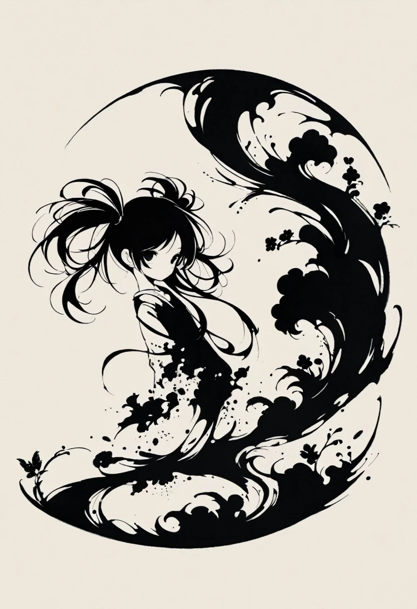a girl with long twin pigtails, gothic aesthetic, minimalist, linear style, negative space, ink painting, abstract