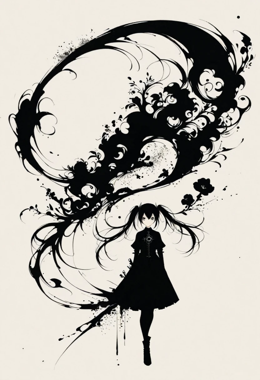 a girl with long twin pigtails, gothic aesthetic, minimalist, linear style, negative space, ink painting, abstract