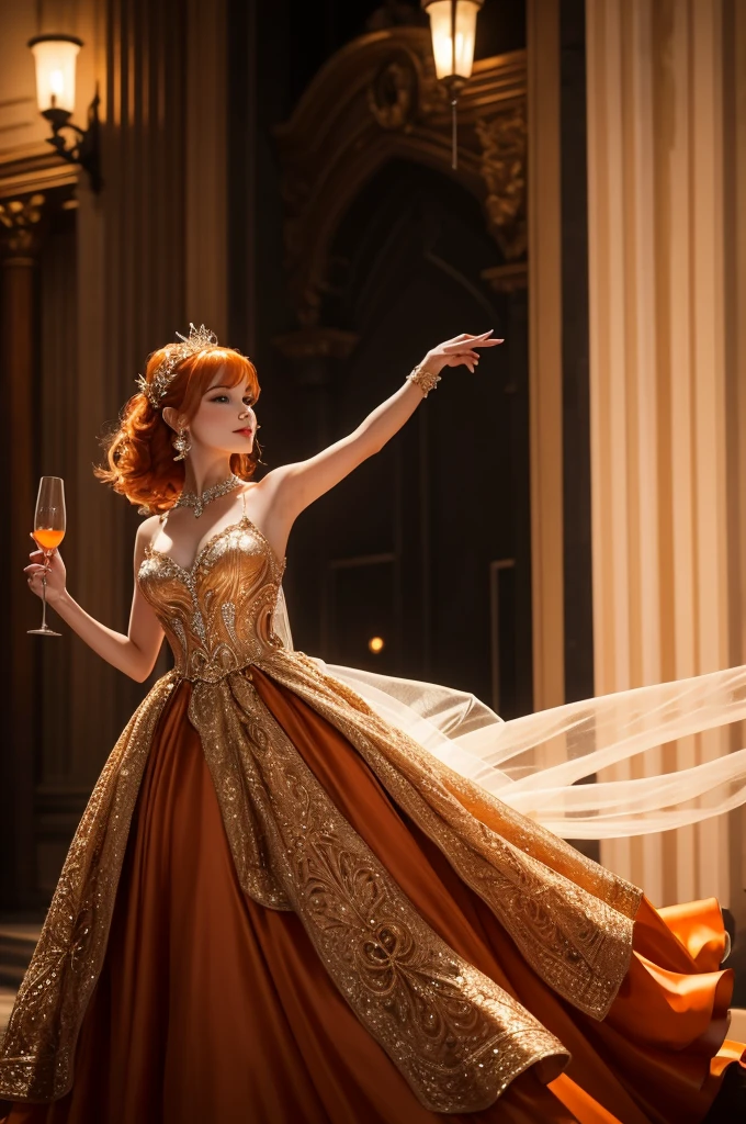Fairy in elegant dress at the gala with dark orange hair