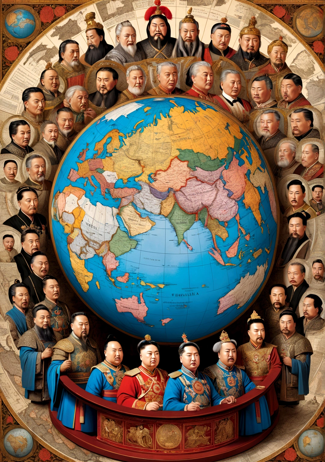 "A detailed image of a globe surrounded by portraits of famous historical leaders, including Alexander the Great, Kim Jong-un, Tsar Alexei Mikhailovich, Emperor Qin Shi Huang, and Emperor Ferdinand I of Austria. Each leader is depicted in their traditional attire. The background shows a map with lines connecting different parts of the world."
Size: "1024x1024"