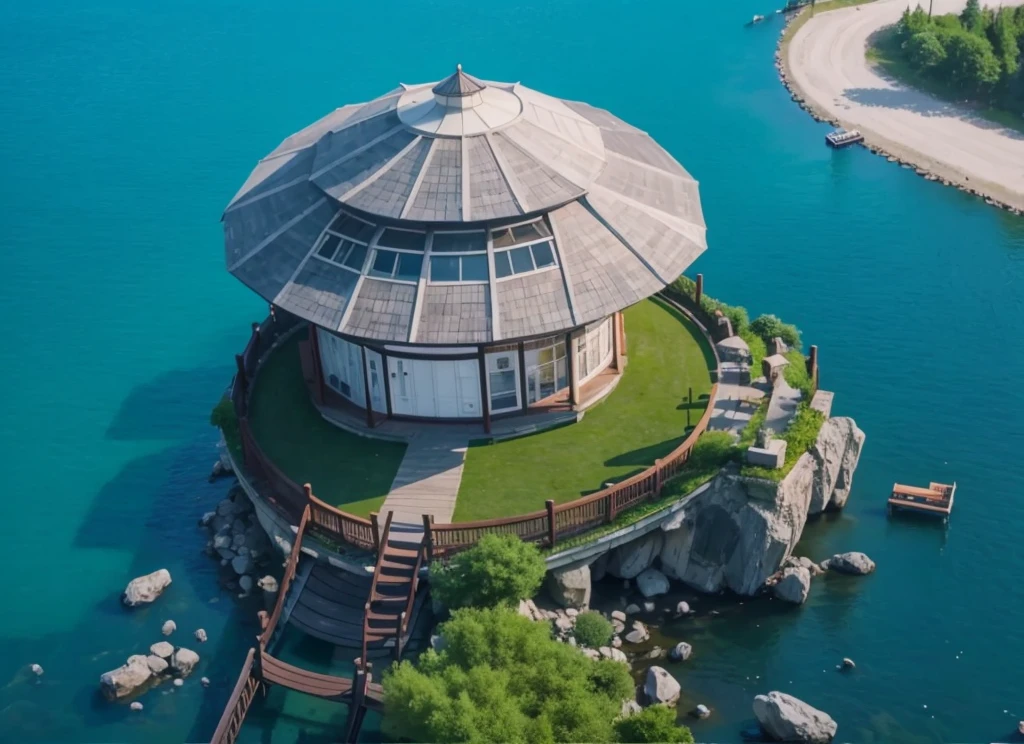 Middle of the lake,There is a modern style pavilion,There are benches in the pavilion for people to rest.,There is a rock under the pavilion.,Real material,Ultra-detailed scenes,4K,real picture
