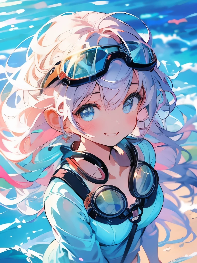 Beautiful illustration、top-quality、girl 、length hair、The bikini、A slight smil、(((goggles)))、beautiful ocean、Upper Body、((Composition from above))