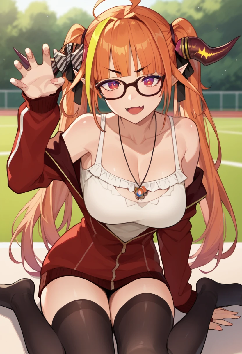 score_9, score_8_up, score_7_up, score_6_up, score_5_up, score_4_up, source_anime, anime screencap,  BREAK 1girl, solo, sitting, on floor,  outdoors, claw pose, 
 kiryu_coco, coco_track, orange hair, red eyes, glasses, twintails, streaked hair, horn bow, pointy ears, necklace, collarbone, large breasts,, bare shoulders, partially unzipped, red jacket, track jacket, long sleeves, white camisole, frills, cleavage cutout, black thighhighs