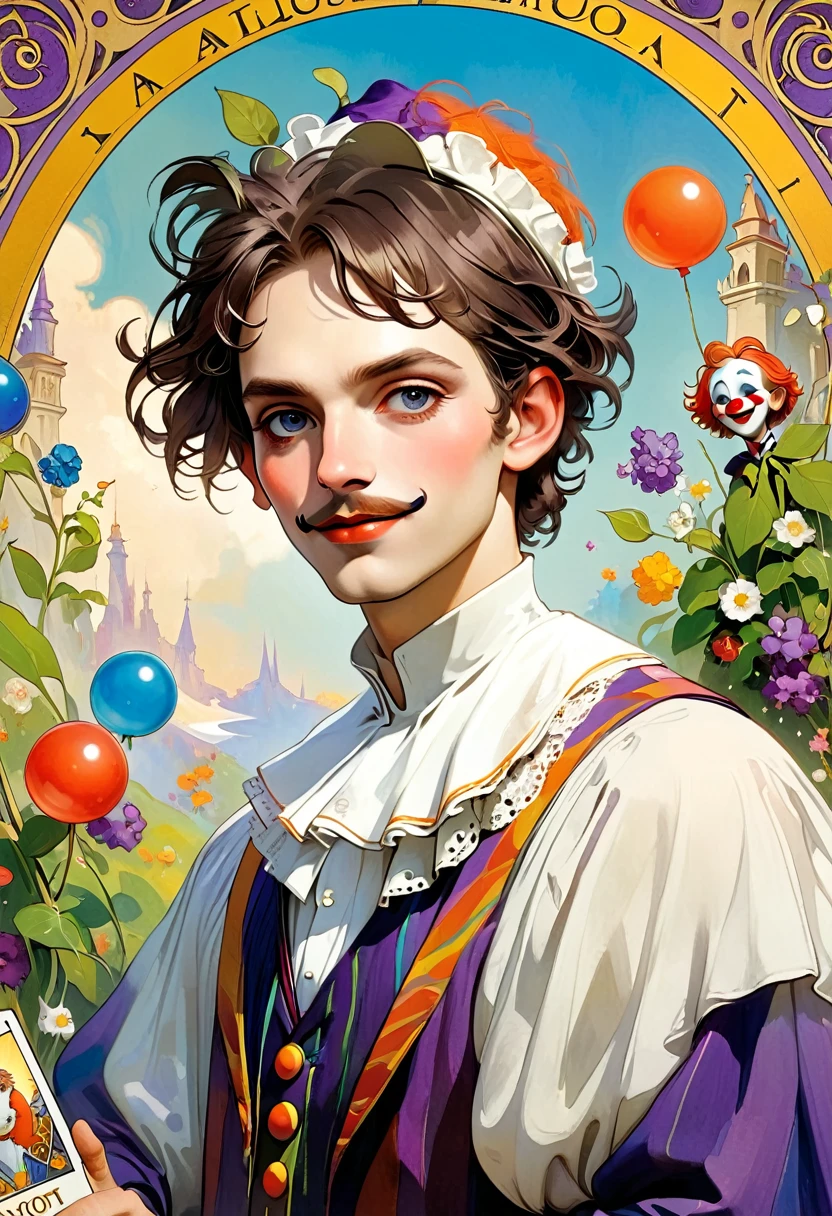 masterpiece, best quality, 1 male, aldult, fool \(Tarot\),poet, clown,symbolic meaning,visual art,occultism,common,Vision Casting,philosophy,image,Numerology,Popularity,artistic, Alphonse Mucha