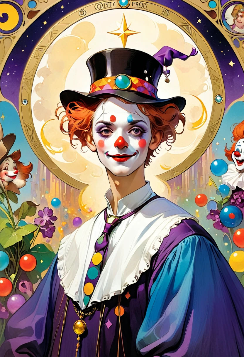 masterpiece, best quality, 1 male, aldult, fool \(Tarot\),poet, clown,symbolic meaning,visual art,occultism,common,Vision Casting,philosophy,image,Numerology,Popularity,artistic, Alphonse Mucha