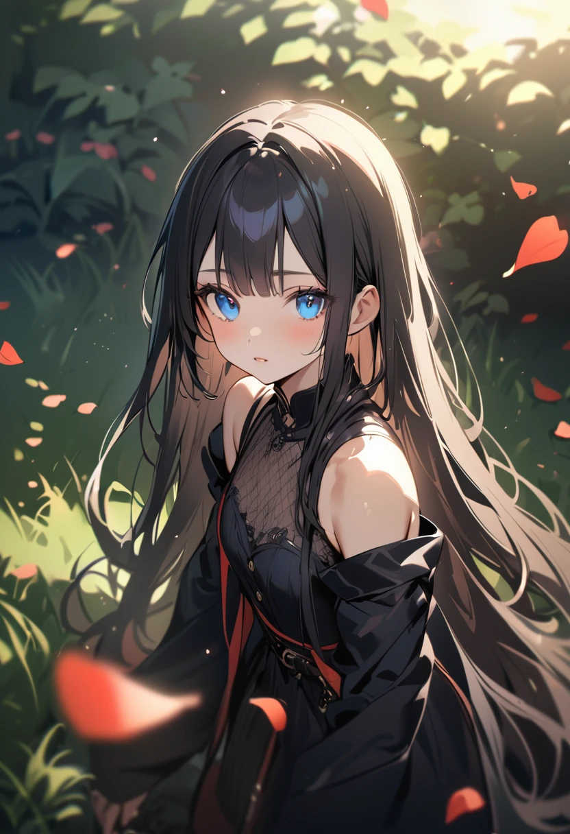 1 girl, long hair, black hair, straight hair, short bangs above brows, blue eyes,
BREAK (masterpiece), (high resolution 8K), cinematic lighting, professional lighting, detailed eyes and face, detailed body,
BREAK little black dress,
BREAK outdoors, grass, flowers, petals