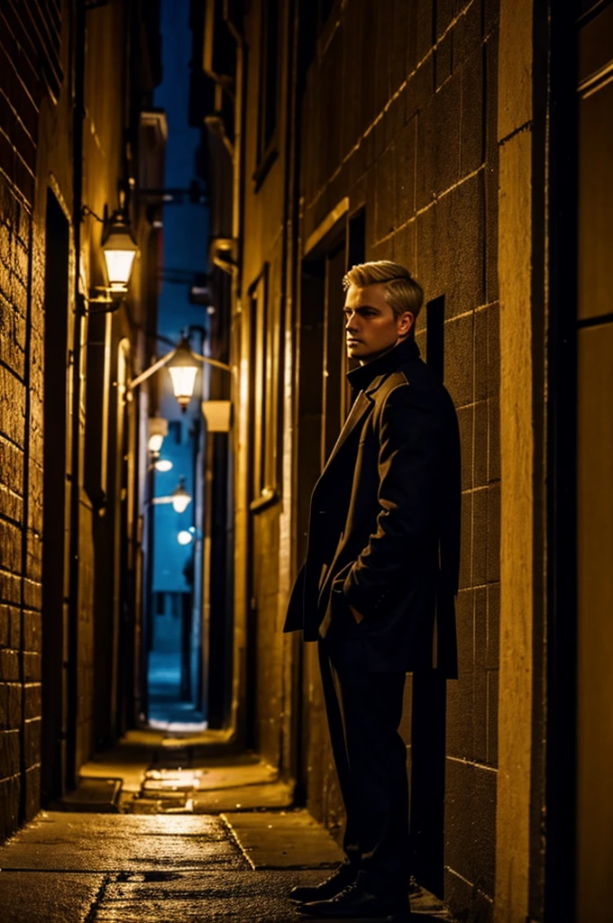 A man with short blonde hair lurking in a dark alleyway