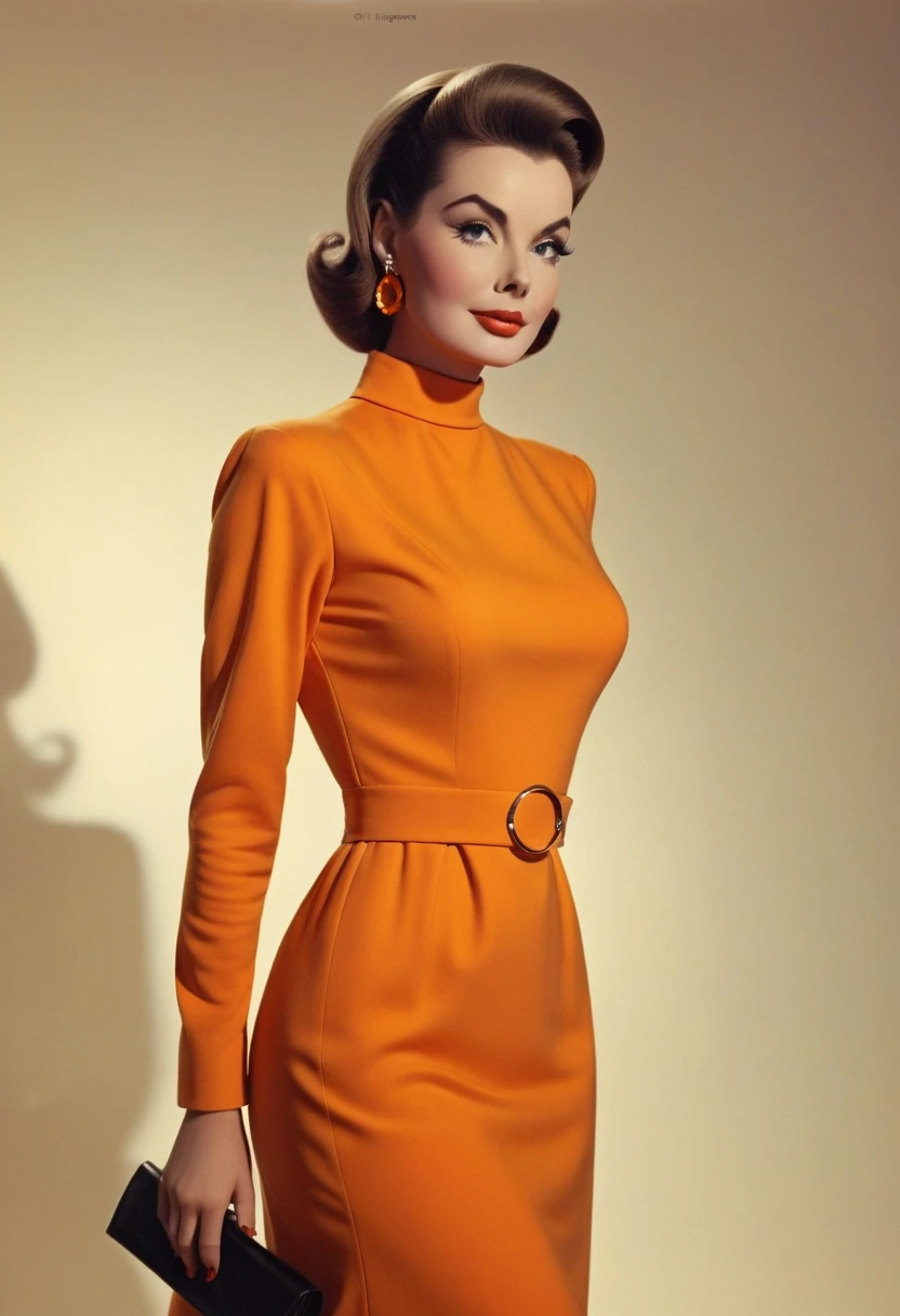 Fashion cinematic photo of ONE SOLO woman embrace the elegance of the 60s with a fitted orange dress featuring a high neckline and long sleeves. Style your hair in a vintage and hoop earrings for a touch of glamour. Vintage Glamour, in style of Gil Elvgren