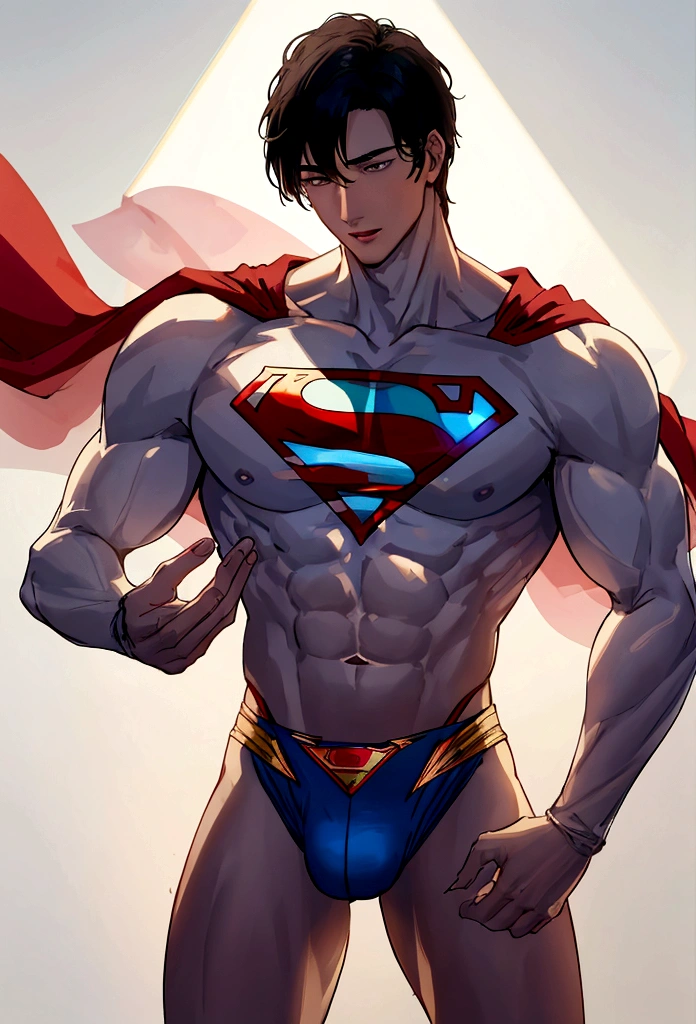 superman  ((best quality, 8K, Extremely detailed, masterpiece: 1.3)), 1 boy, No shirt, Glowing skin, Perfect body, 逼真阴影Perfect body, ("underwear,Big bulge ":1.2),(Dynamic poses:1.1), thigh , (Raised focus:1.2) ,Standing, Showing elegance and sophistication in clothing and gestures. Introducing a gentle, Atmospheric haze in the environment, Creates a soft light diffusion effect，Gives people a sense of superhuman aura and presence，（Red），（Red）