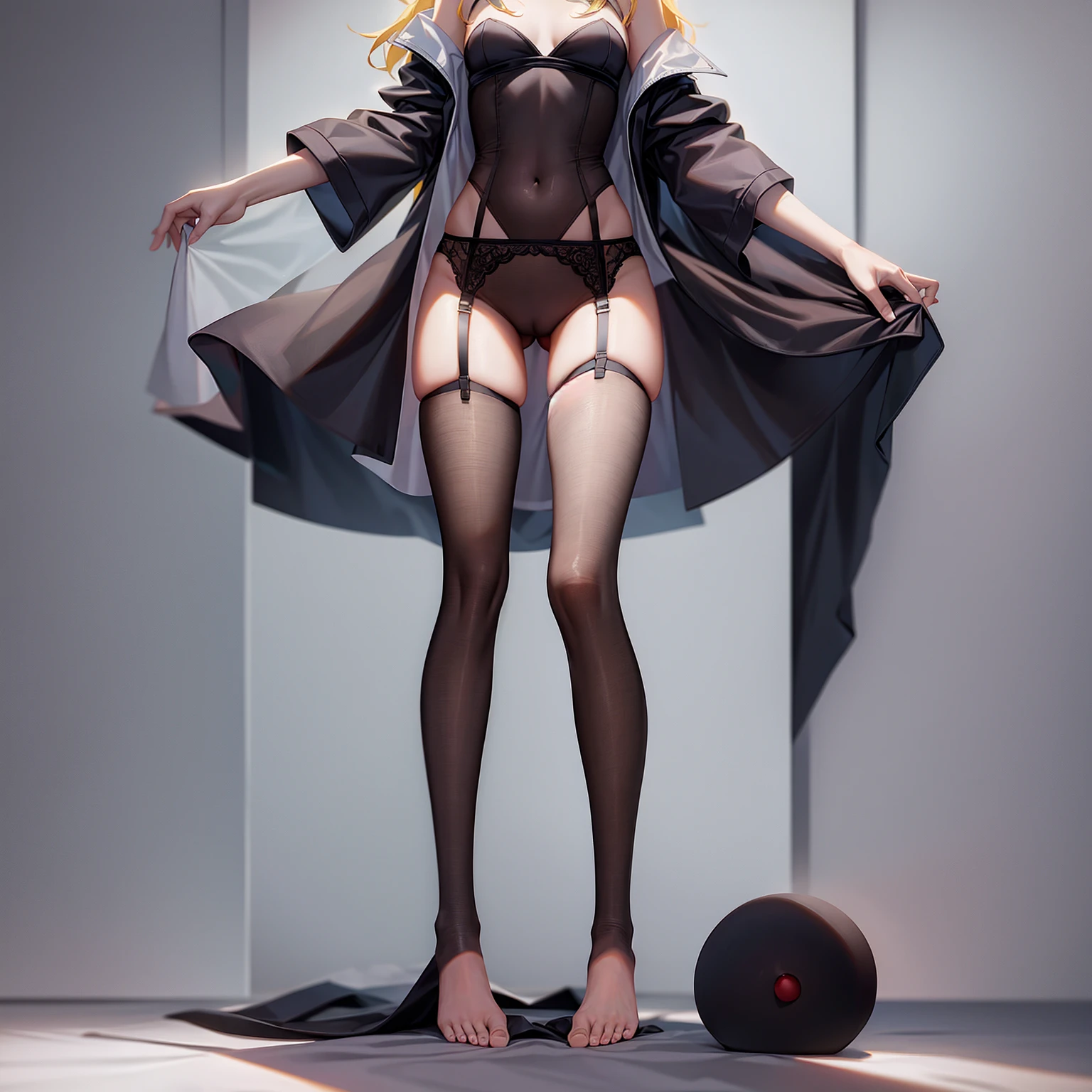 ((Black garter belt)),barefoot,Naked,Cute little ,Tiny ,Small girl,,Childish face, Very fine clean face,Top quality,Straight Hair,Yellow hair,(Dark Room), Subtle light, Natural light,Soft lighting,Light from directly behind, (Are standing),Front view,Black background