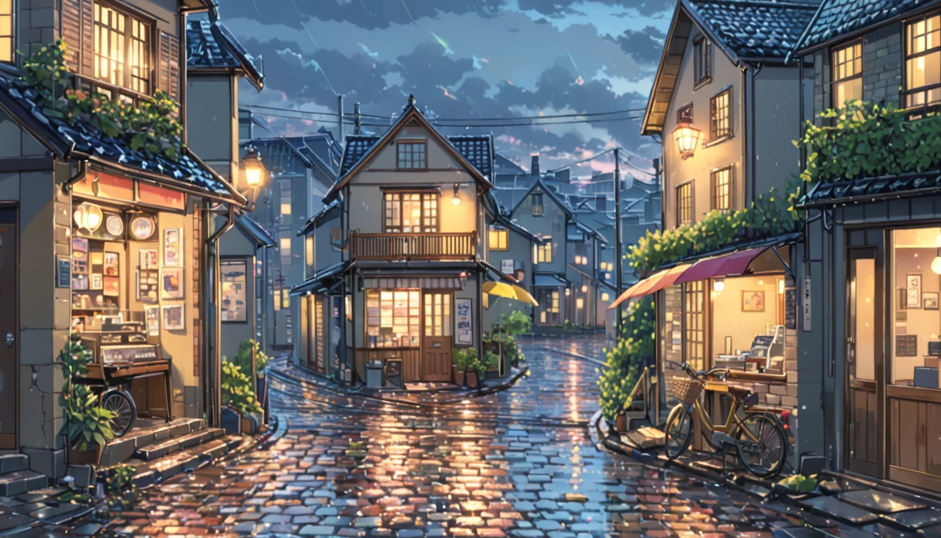 ((anime:1.4,illustration)),(masterpiece, top quality, best quality),(ultra-detailed, absolutely resolution),((16k, high res)), (((Rainy European streets、Cobblestones))), ((anime:1.4,illustration)),(masterpiece, top quality, best quality),(ultra-detailed, absolutely resolution),((16k, high res)). BREAK {lofi art, style of Laurie Greasley, style of Makoto Shinkai, anime aesthetic}, BREAK { (produces images with information than 40 million pixels with cinematic-like detailed textures shot on a Sony SLR).}