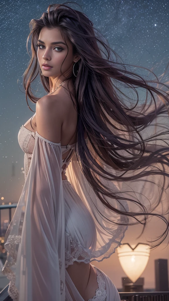 (32k:1.5, Highest quality, masterpiece, Ultra-high resolution), Professional camera work:1.6, Highly detailed skin and face textures:1.3, Captivating portrait:1.2, Very accurate, Very detailed, 1 adult female, ((Amazing night view from the rooftop:1.4, The moonlight at night illuminates my body)), (Satin Nightgown:0.7), Incredibly slim body, Sensual sitting position, sense of loss, Sadness, Expressions of sadness, (Big eyes that exude beautiful eroticism:0.4, Small face, A dreamy look:1.0, I love you with all my heart:0.8, Open your mouth a little, lipstick, Feel the beautiful eroticism:0.9), (Wet dark brown medium length hair), Candles, The chest is medium, Earrings, necklace, bracelet, (romantic, mysterious), Fair skin, elegant, Object of admiration, original, dramatic, Artistic, Innovative, Charm, Heartful, Fancy, sense of openness, sense of cleanliness, Special, exciting, Extreme, Tilt, ((Adult charm, Feminine charm, Hair blowing in the wind)
