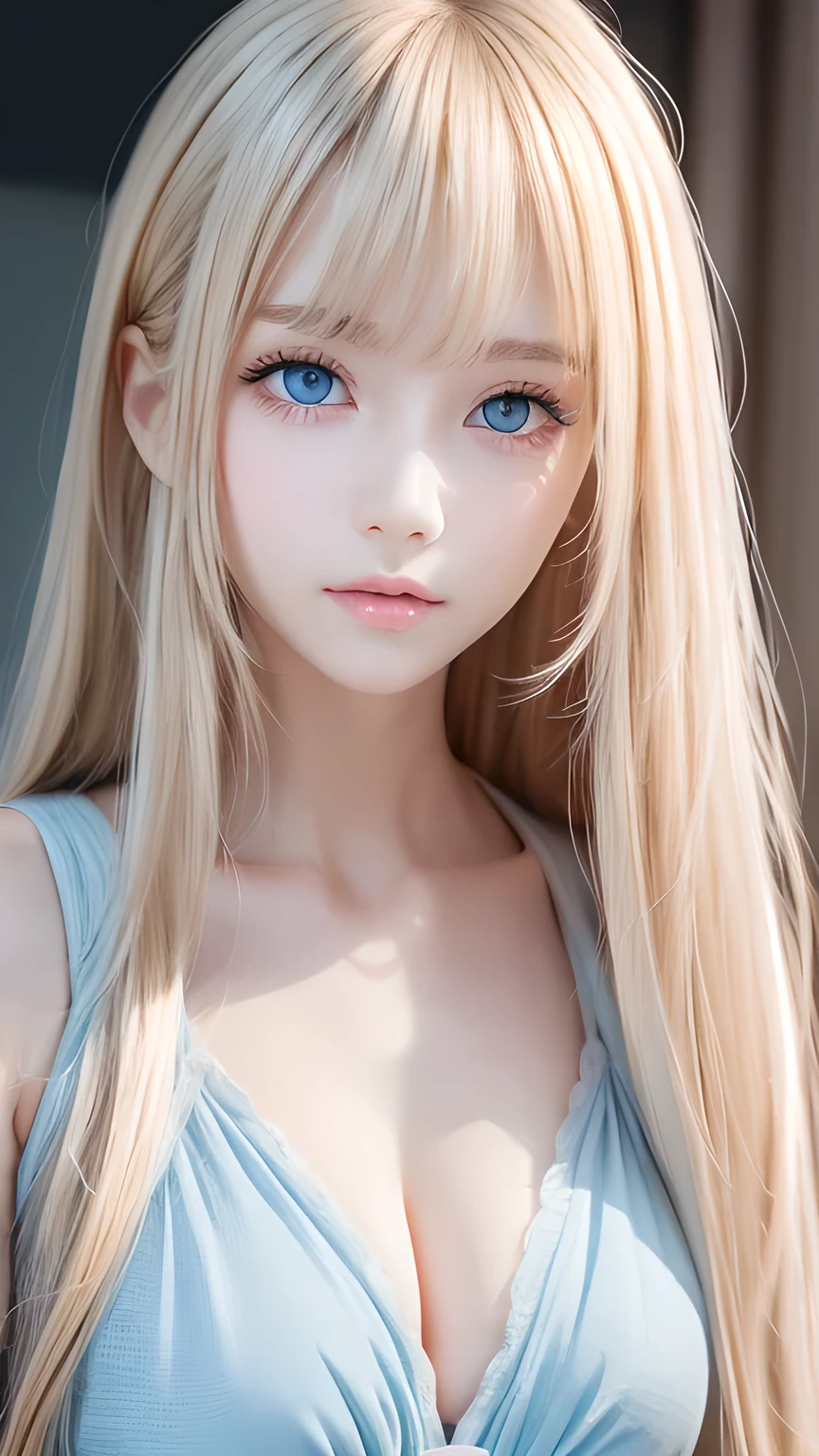 1 Girl, very messy blonde hair, Super long beautiful blonde、Very beautiful super long shiny hair、Bangs between the eyes、bangs on the face、Very beautiful cute face、Very cute beautiful girl、Very white, shiny, radiant skin、solo、super high quality、Hard Focus、Film Grain、Ultra-high resolution、masterpiece、Beautiful detailed, clear, sparkling, light blue large eyes、Very big eyes、Small Face Beauty、Round face、