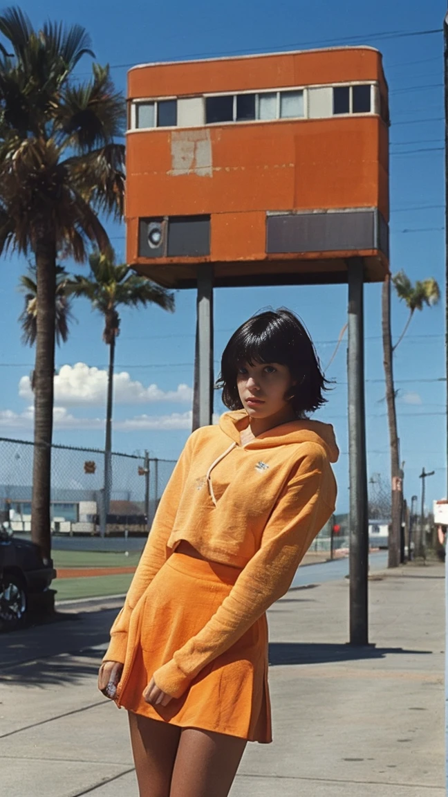long shot portrait of cute 23 yo girl ,wear ((color orange oversized_hoodie no sleeve)), wear ((purple tennis skirt)),looking front,Best Quality,Masterpiece,Ultra High Resolution,(Realisticity:1.4),Original Photo, 1Girl, light leak,ultra high resolution,UHD,beautiful, (black bob hair), almond eye, no makeup, in front of (80's mondrian architecture motel), (realistic:1.2), (surreal:1.3), (very detailed:1.1), ((masterpiece)),summer, blue sky, palm trees,sunny, los angles vibes,film camera, 800mm lens,style of Philip Lorca diCorcia