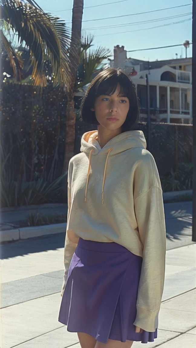long shot portrait of cute 23 yo girl ,wear ((color orange oversized_hoodie no sleeve)), wear ((purple tennis skirt)),looking front,Best Quality,Masterpiece,Ultra High Resolution,(Realisticity:1.4),Original Photo, 1Girl, light leak,ultra high resolution,UHD,beautiful, (black bob hair), almond eye, no makeup, in front of (80's mondrian architecture motel), (realistic:1.2), (surreal:1.3), (very detailed:1.1), ((masterpiece)),summer, blue sky, palm trees,sunny, los angles vibes,film camera, 800mm lens,style of Philip Lorca diCorcia