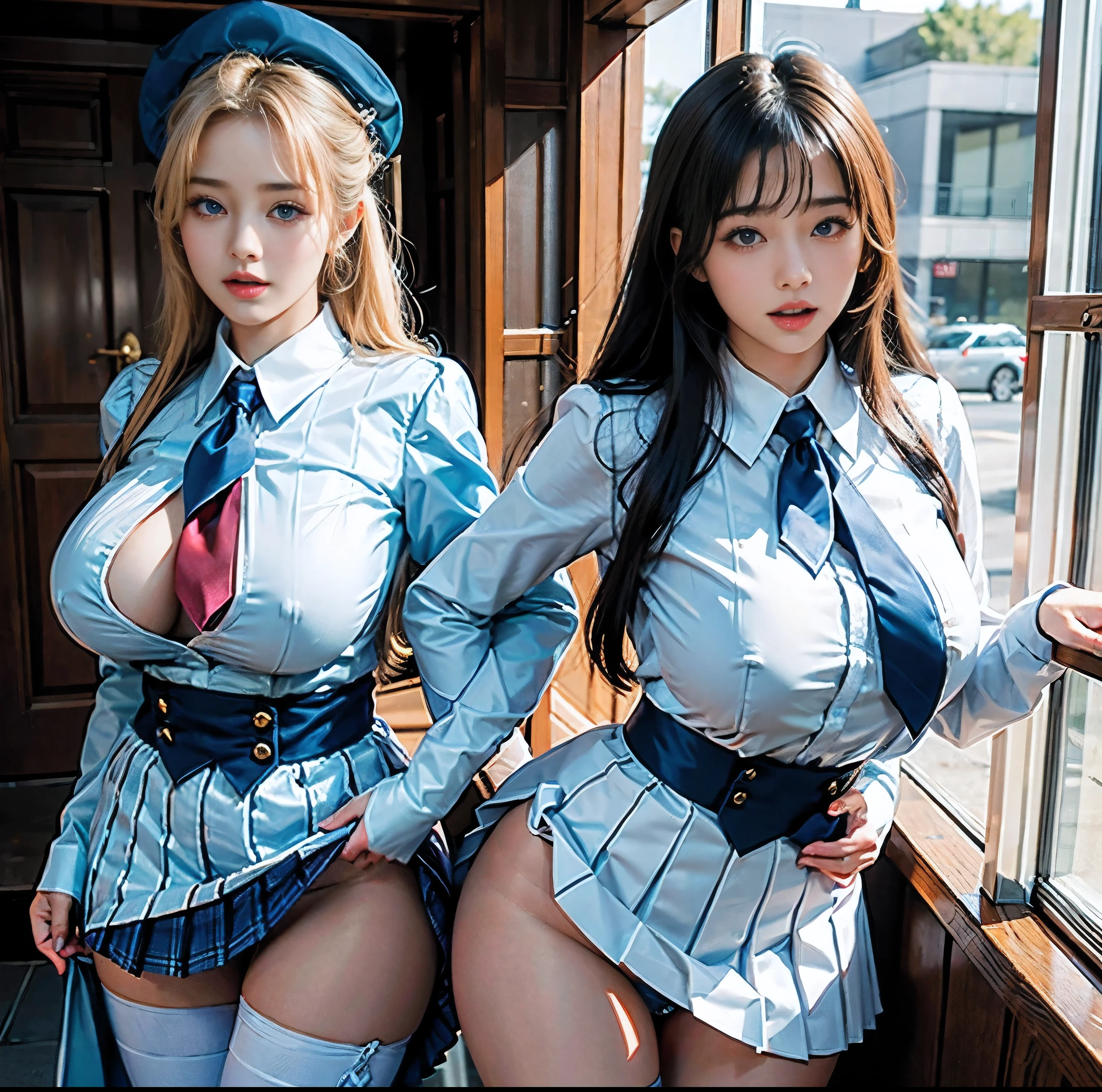 Highest quality, 8K quality, Masterpiece, Two busty women standing side by side facing this way, (Super big breasts compressed by clothes), Whitening skin, Sparkling Blue Eyes, Deep crimson sailor collar uniform, Pleated skirt, Crimson ribbon tie, Above the knee, Skirtliftv1, (Super big breasts squeezed with hands:1.4), (Super big breasts in a frontal view), White panties, Breast Grab, skirtlift,
