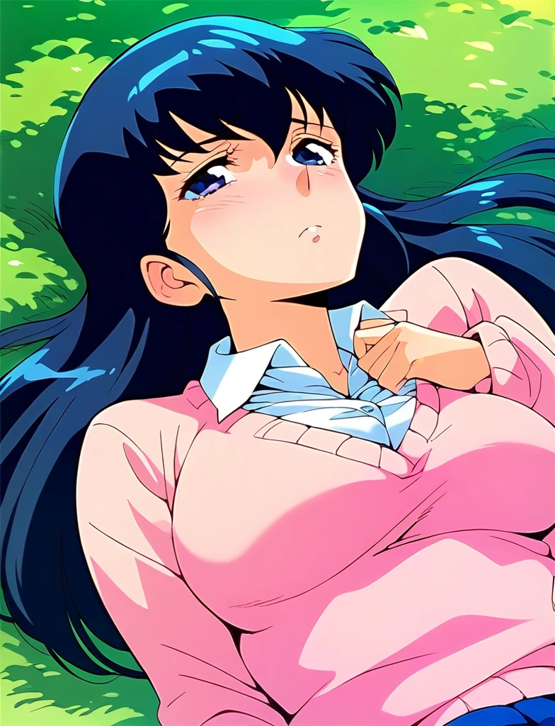 Kyoko,score_9,score_8_superior,score_7_superior,sauce_anime,One girl,alone,in the forest,Pink Sweater,White collared shirt,length_skirt,blue skirt,Panties、射精されたPanties,Front view,Lying down,Sad face、