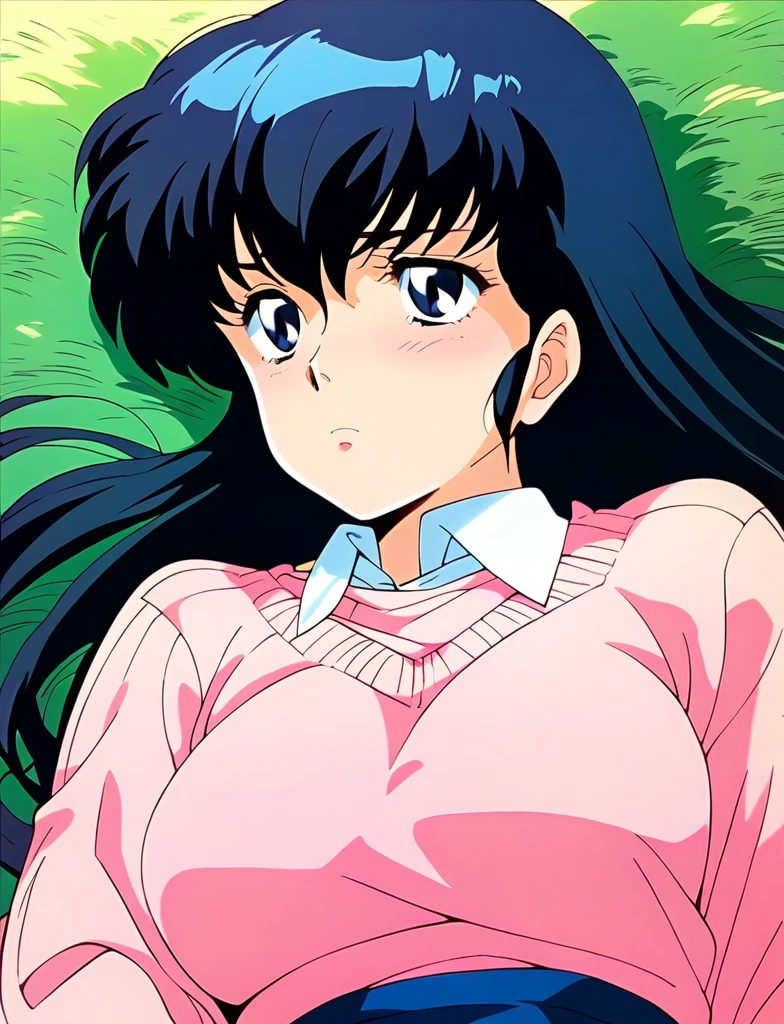 Kyoko,score_9,score_8_superior,score_7_superior,sauce_anime,One girl,alone,in the forest,Pink Sweater,White collared shirt,length_skirt,blue skirt,Panties、射精されたPanties,Front view,Lying down,Sad face、