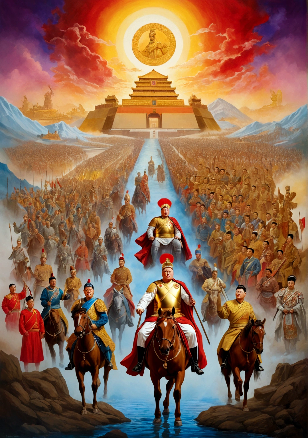 Prompt: "A painting showing a timeline of various world leaders, with Alexander the Great at the start, followed by Qin Shi Huang, Tsar Alexei Mikhailovich, Emperor Ferdinand I, and Kim Jong-un. Each leader is depicted in an iconic scene from their life. The background features a gradient from ancient to modern times."
Size: "1024x1024"